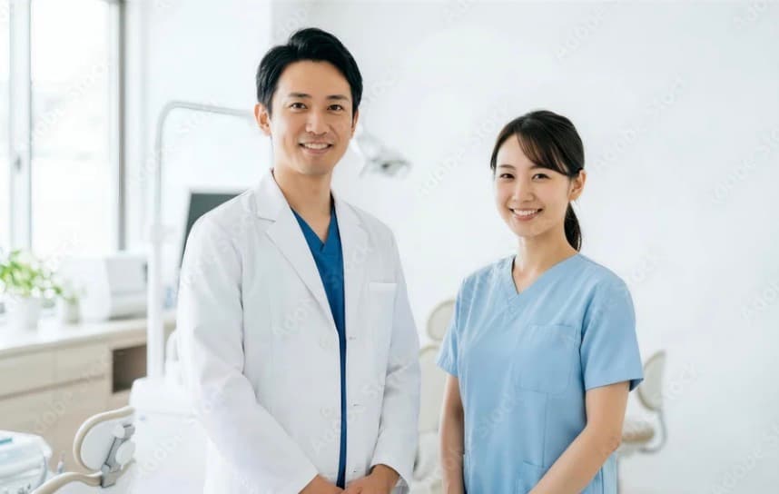歯科医師と歯科衛生士が笑顔で並ぶ院内の様子